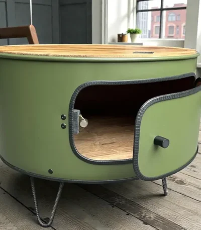 Table basse en barrique métal upcyclée avec porte et étagère intérieure