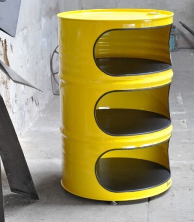 Étagère industrielle en tonneau métal upcyclé 200L avec trois compartiments