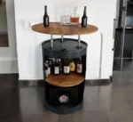 Table haute en tonneau métal upcyclé avec plateau bois et étagère intégrée – Design industriel – Image 2
