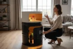 Meuble tonneau métal upcyclé avec porte frontale et étagères intérieures