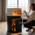 Meuble tonneau métal upcyclé avec porte frontale et étagères intérieures