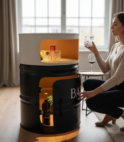Meuble tonneau métal upcyclé avec porte frontale et étagères intérieures