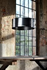 Lampe suspension industrielle en tonneau métal 200 litres finition acier brossé