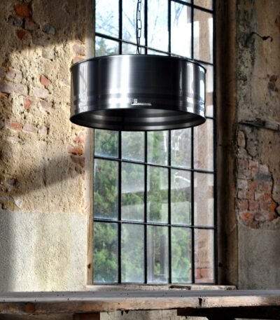 Lampe suspension industrielle en tonneau métal 200 litres finition acier brossé