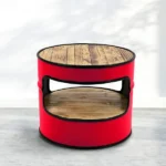 Table basse fût pétrolier recyclé Otto noir avec plateau en bois flammé
