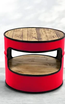 Table basse fût pétrolier recyclé Otto noir avec plateau en bois flammé