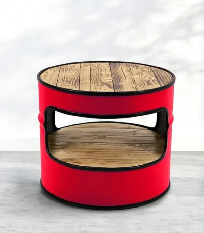 Table basse fût pétrolier recyclé Otto noir avec plateau en bois flammé