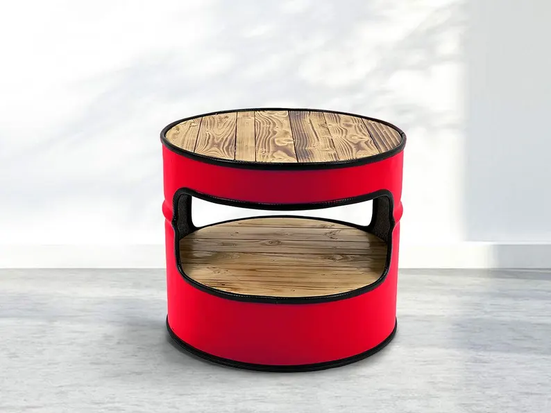 Table basse fût pétrolier recyclé Otto noir avec plateau en bois flammé