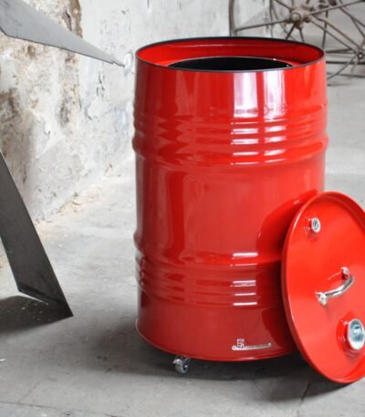 Poubelle en fût métal 60 litres avec couvercle et poignée design industriel