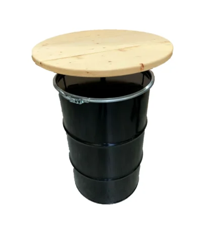 Table debout industrielle en baril métal avec plateau bois vue de face