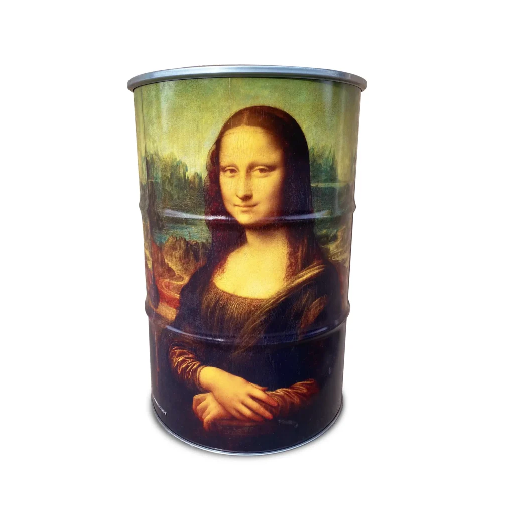 Table mange-debout upcyclée Mona Lisa en baril métal 200L avec plateau noir