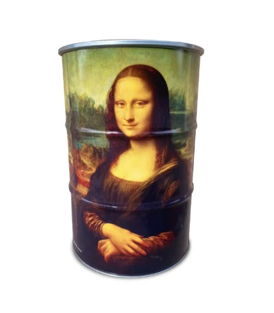 Table mange-debout upcyclée Mona Lisa en baril métal 200L avec plateau noir
