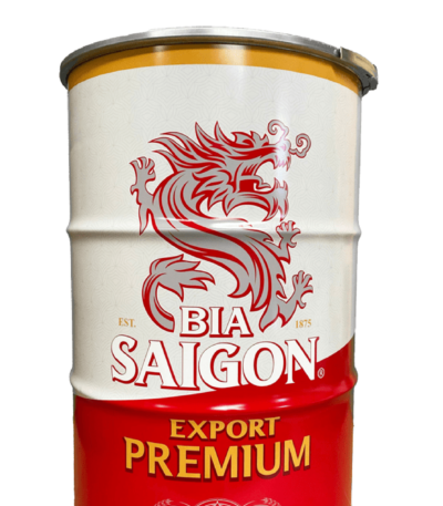 Fût métal 200L upcyclé noir transformé en mange-debout industriel