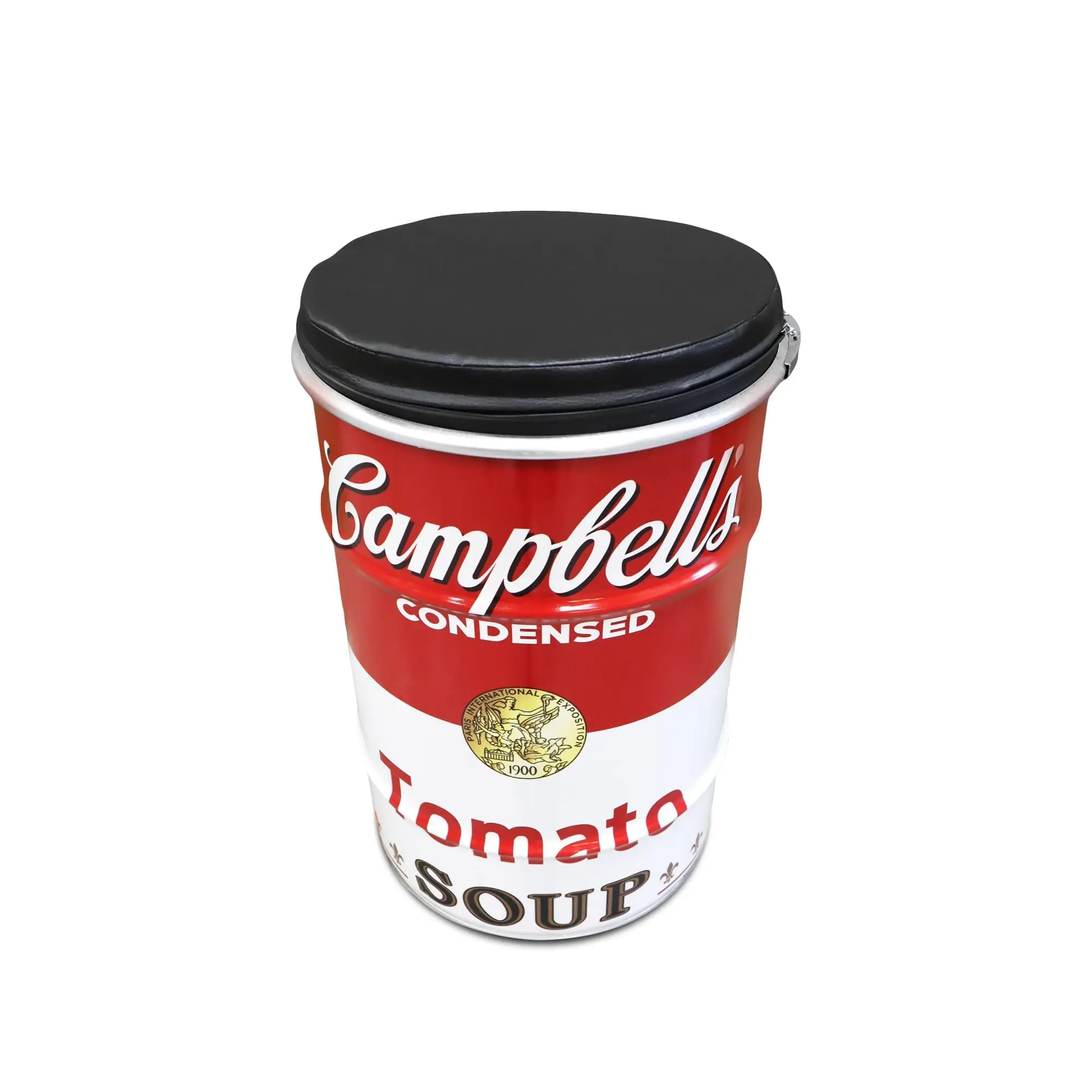 Tabouret tonneau métal Campbell 60L avec coussin noir et rangement intégré Tabouret tonneau métal Campbell 60L avec coussin noir et rangement intégré