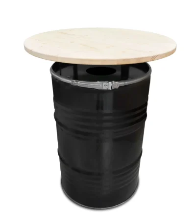 Mange-debout en baril métal 200L avec plateau bois laqué vue de face