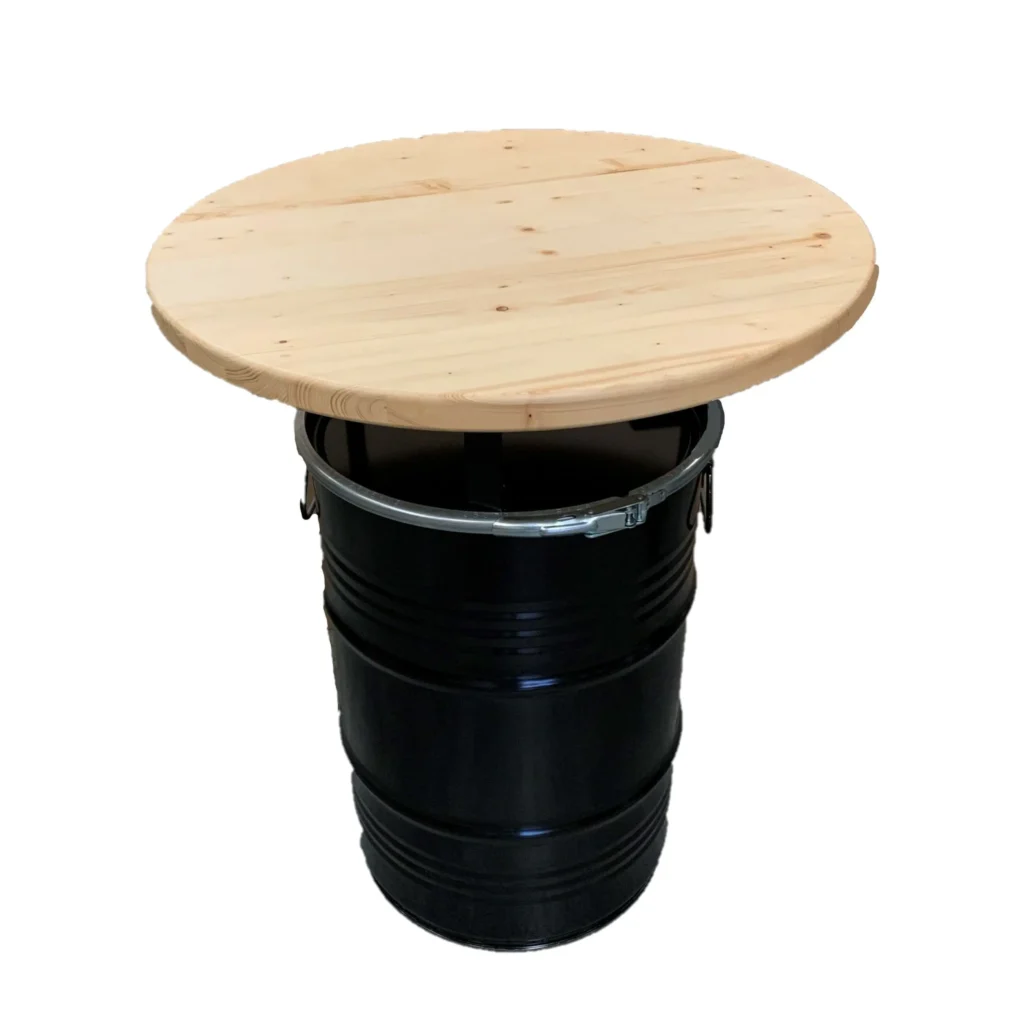 Mange-debout industriel en fût métal 60L avec plateau bois vue de face