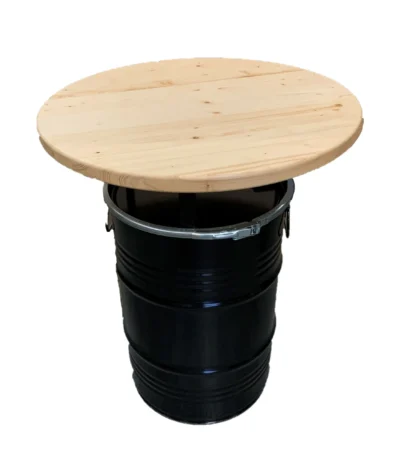 Mange-debout industriel en fût métal 60L avec plateau bois vue de face