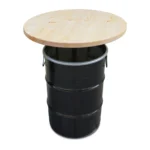Mange-debout industriel en fût métal 60L avec plateau bois – Table haute upcycling design – Image 3