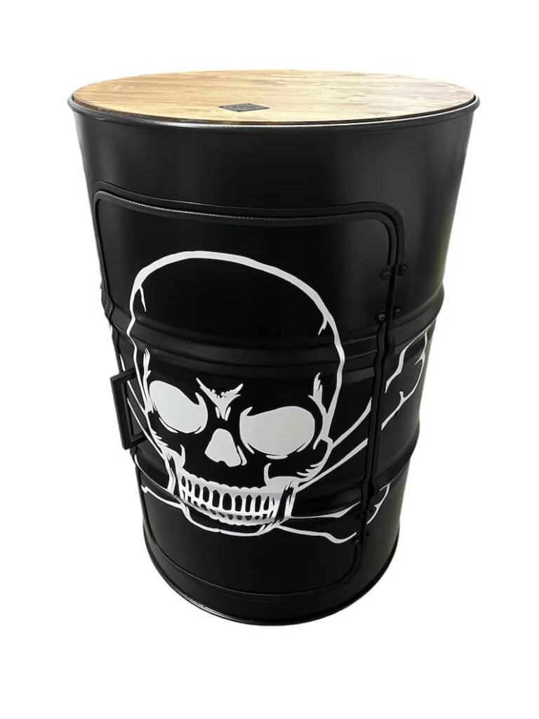 Armoire tonneau métal upcyclée avec porte et étagères vue de face