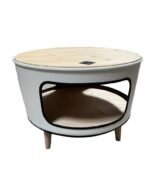 Table basse upcycling en baril métal – 3 ouvertures avec étagères et pieds bois – Image 3