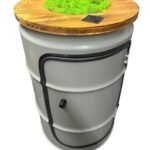 table d’appoint industrielle en baril métal recyclé avec plateau bois