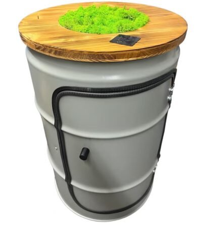table d’appoint industrielle en baril métal recyclé avec plateau bois