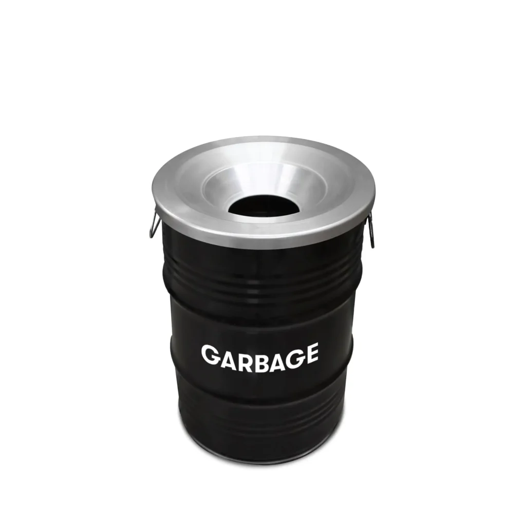 poubelle industrielle BinBin 60L en baril métal noir upcyclé