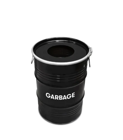 Poubelle upcycling BinBin 60L en baril métal noir design industriel