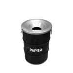 Poubelle upcycling BinBin 60L en baril métal noir avec couvercle ignifuge