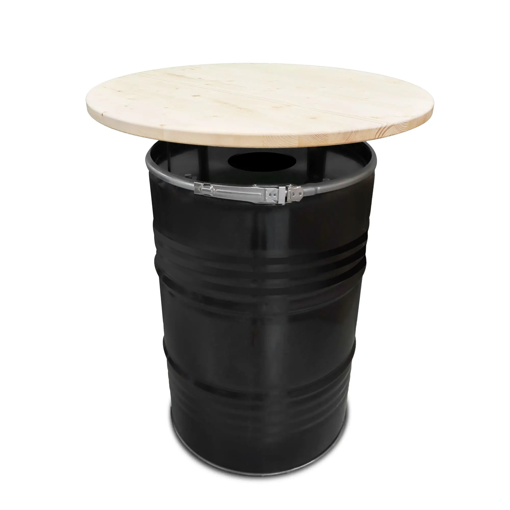 Mange-debout en baril métal 200L avec plateau bois laqué Mange-debout en baril métal 200L avec plateau bois laqué