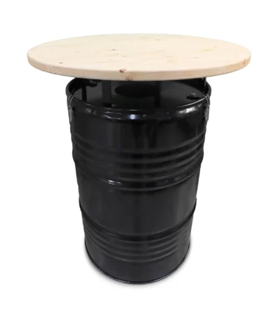 Mange-debout industriel en baril métal 200L avec plateau bois 80 cm