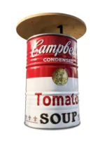 Mange-debout upcyclé baril métal 200L Campbell’s Soup – Table haute industrielle avec plateau bois – Image 2