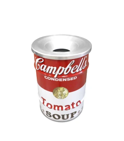 Poubelle industrielle BinBin Campbell’s Soup en baril métal 60L vue de face