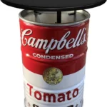 Mange-debout industriel baril métal Campbell’s Soup avec plateau noir