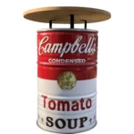 Mange-debout upcyclé en baril métal 200L Campbell’s Soup avec plateau bois