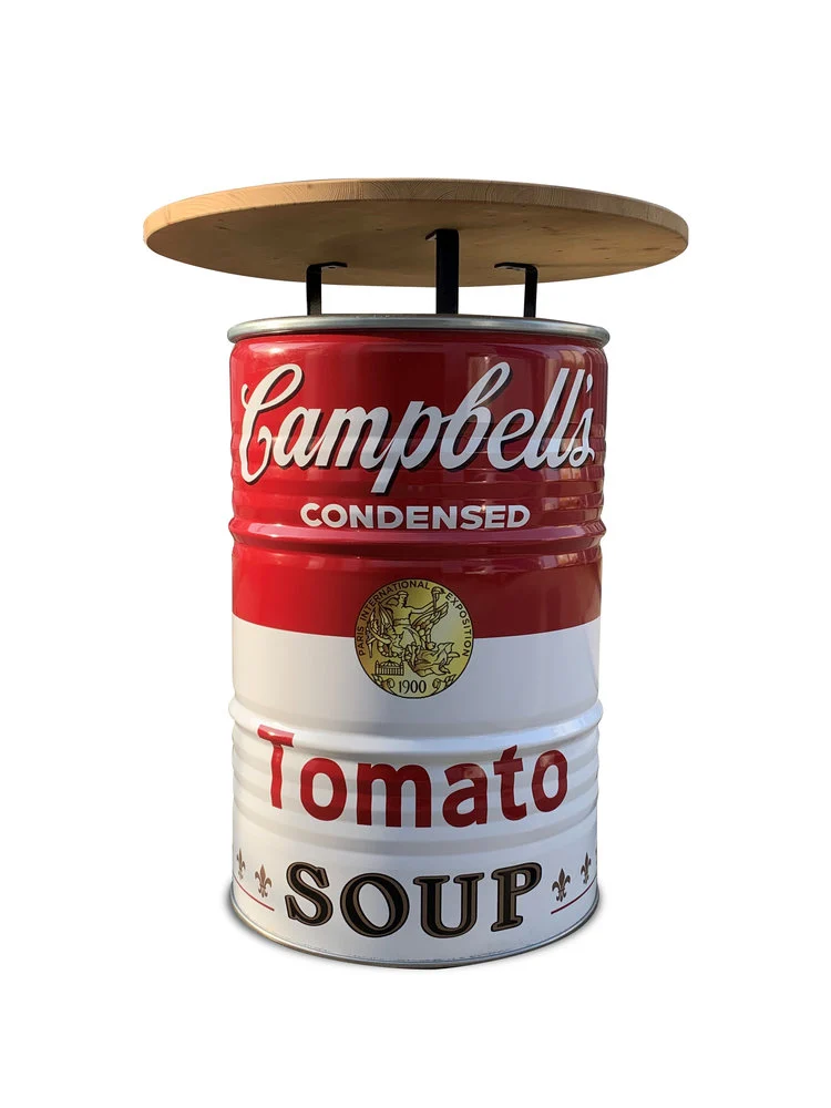 Mange-debout upcyclé en baril métal 200L Campbell’s Soup avec plateau bois