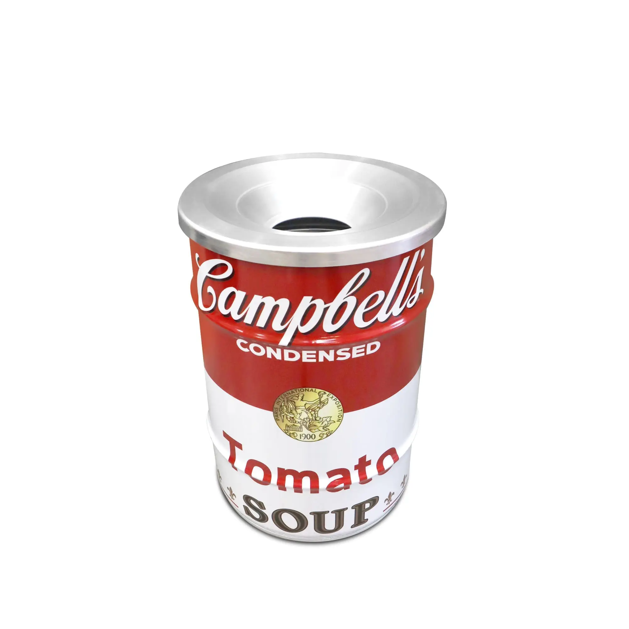 Poubelle industrielle BinBin Campbell’s Soup en baril métal 60L vue de face Poubelle industrielle BinBin Campbell’s Soup en baril métal 60L vue de face