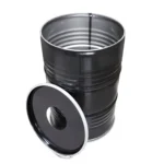 BinBin Poubelle Industrielle Upcyclée 200L – Baril Métal Noir avec Couvercle à Trou 20 cm (57×87 cm) – Image 2