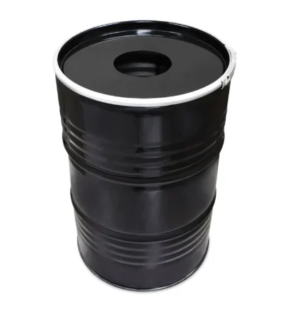 Poubelle industrielle BinBin 200L en baril métal noir avec couvercle à trou