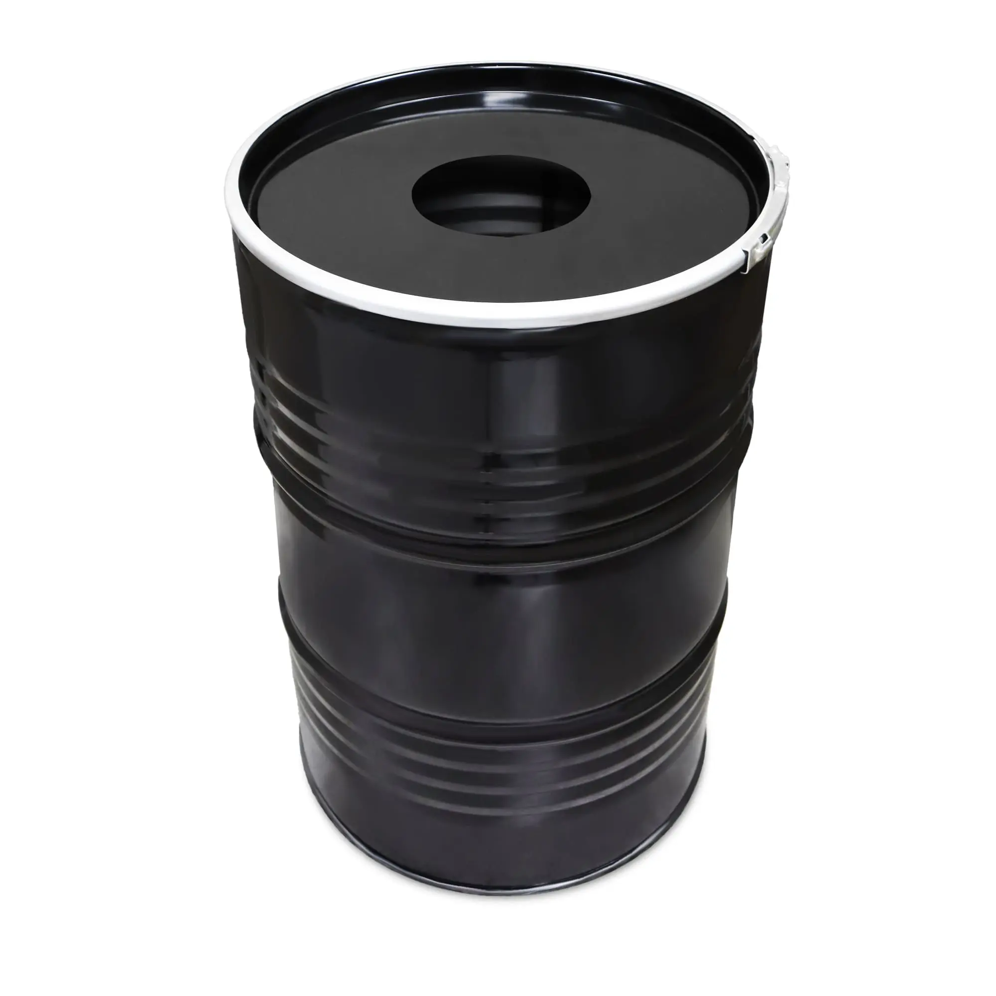Poubelle industrielle BinBin 200L en baril métal noir avec couvercle à trou Poubelle industrielle BinBin 200L en baril métal noir avec couvercle à trou