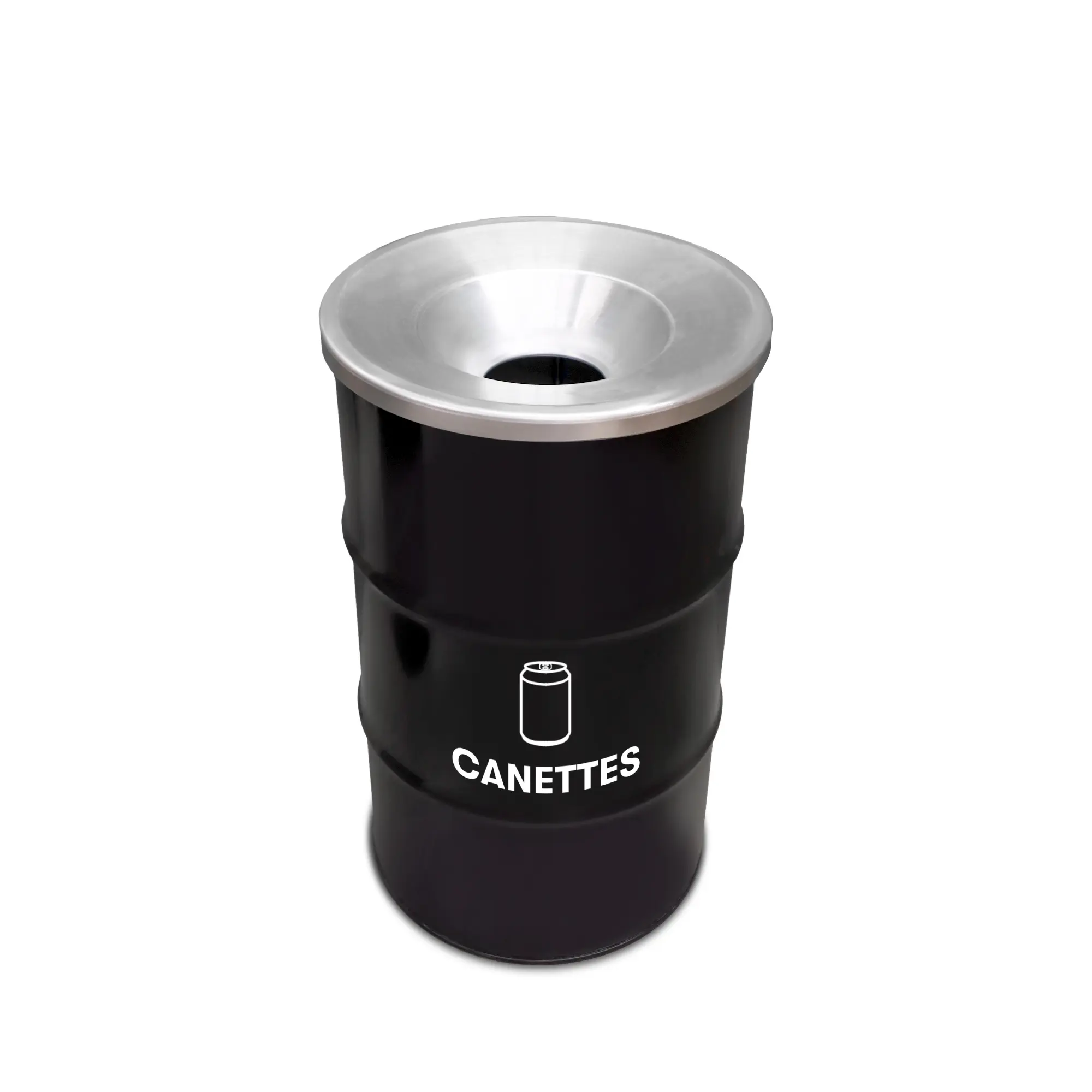 Collecteur de canettes industriel en tonneau métal recyclé Poubelle baril métal upcyclé BinBin noire 120L avec couvercle ignifuge