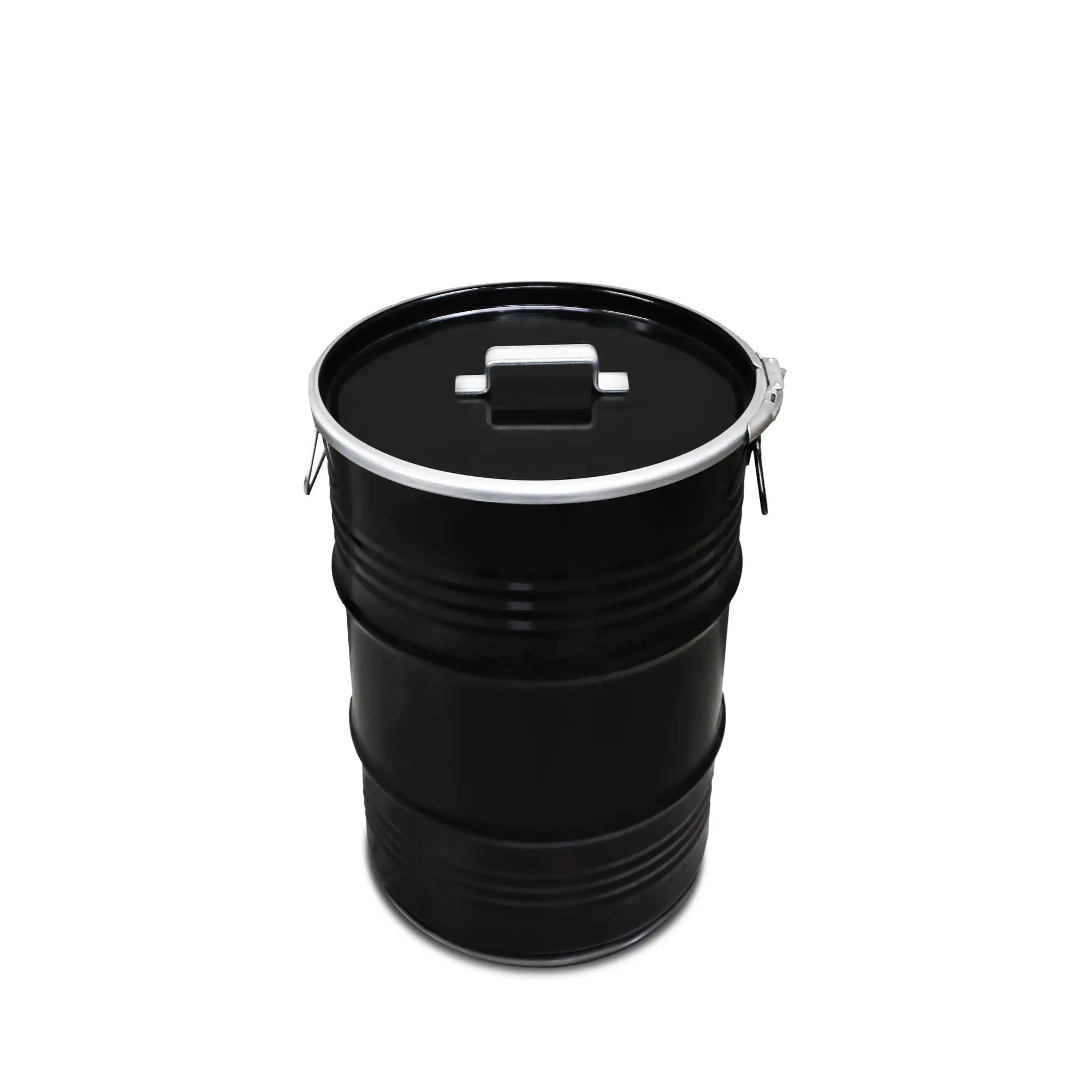 Détail couvercle avec poignée poubelle baril BinBin Poubelle baril métal upcyclé BinBin 60L noire design industriel