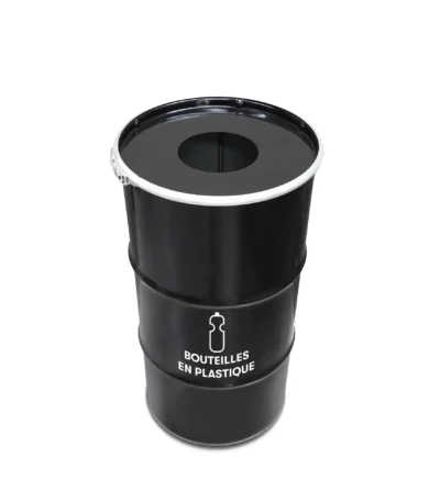 Collecteur BinBin 120L en fût métal noir avec trou pour bouteilles plastiques