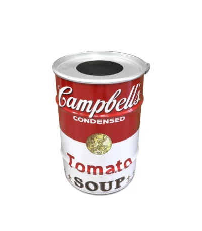 Poubelle upcyclée BinBin Campbell’s Soup 60L en baril métal design industriel
