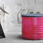 Tabouret tonneau métal 60L upcyclé avec assise rembourrée