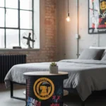 Table d’appoint en tonneau métal recyclé avec peinture graffiti artisanale