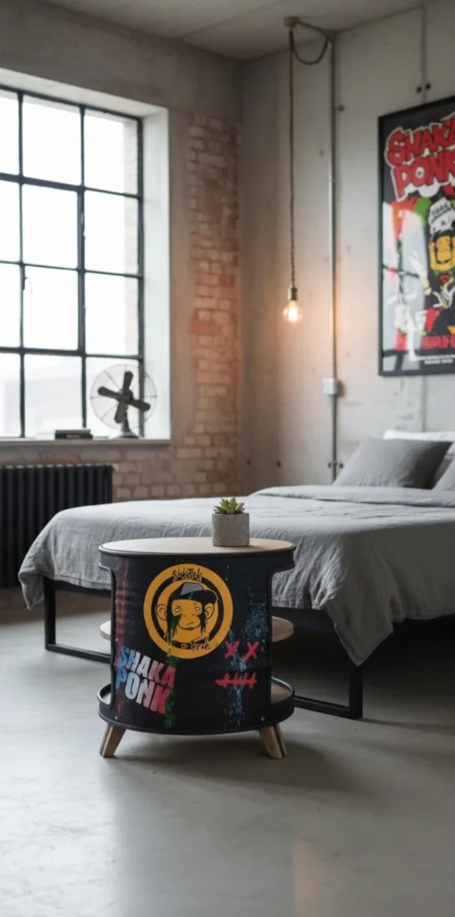 Table d’appoint en tonneau métal recyclé avec peinture graffiti artisanale