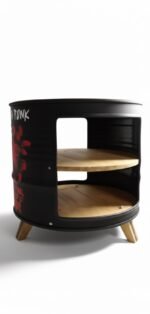 Table d’appoint rock en tonneau métal recyclé – Meuble upcycling graffiti artisanal – Image 3
