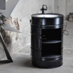 Meuble vasque en tonneau métal upcyclé avec plateau HPL noir