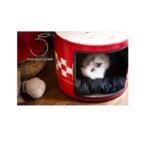 Lit pour chien en baril métal recyclé style industriel avec plateau en bois